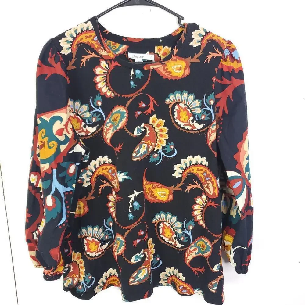 Chicos Top Womens Large Size 2 Dark Colorful Paisley Stretchy Elastic Sleeve Hem